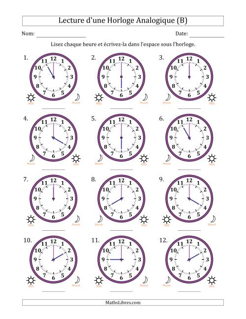 Lecture de l'Heure sur Une Horloge Analogique utilisant le système horaire sur 12 heures avec 1 Heures d'Intervalle (12 Horloges) (B)