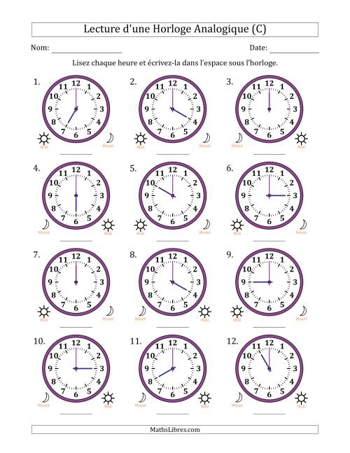 Lecture de l'Heure sur Une Horloge Analogique utilisant le système horaire sur 12 heures avec 1 Heures d'Intervalle (12 Horloges) (C)
