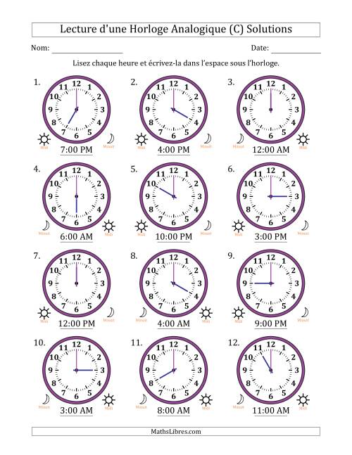 Lecture de l'Heure sur Une Horloge Analogique utilisant le système horaire sur 12 heures avec 1 Heures d'Intervalle (12 Horloges) (C) page 2