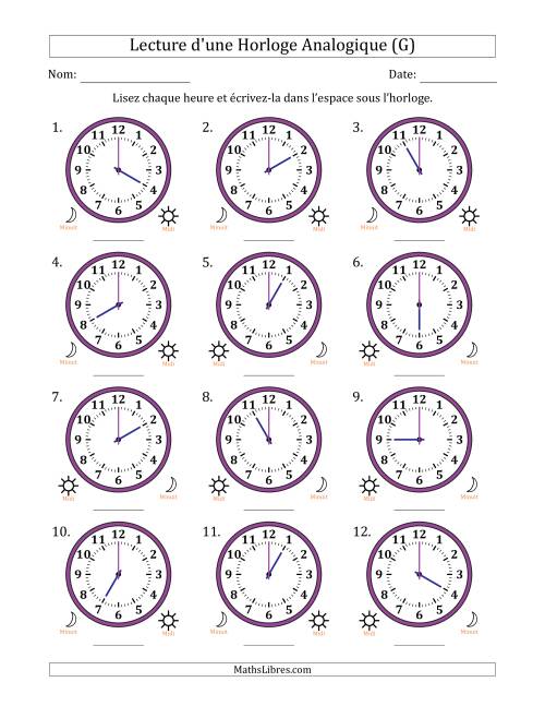 Lecture de l'Heure sur Une Horloge Analogique utilisant le système horaire sur 12 heures avec 1 Heures d'Intervalle (12 Horloges) (G)