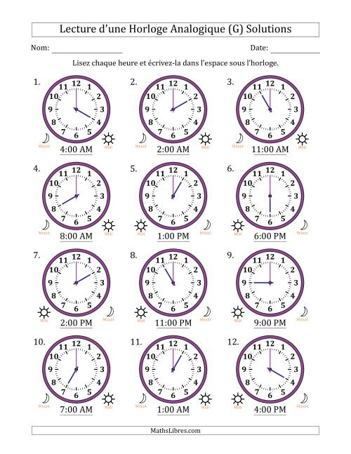 Lecture de l'Heure sur Une Horloge Analogique utilisant le système horaire sur 12 heures avec 1 Heures d'Intervalle (12 Horloges) (G) page 2