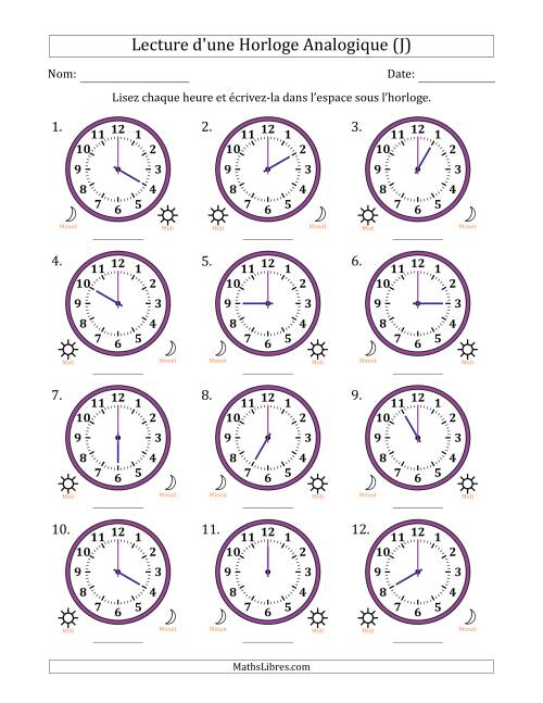 Lecture de l'Heure sur Une Horloge Analogique utilisant le système horaire sur 12 heures avec 1 Heures d'Intervalle (12 Horloges) (J)