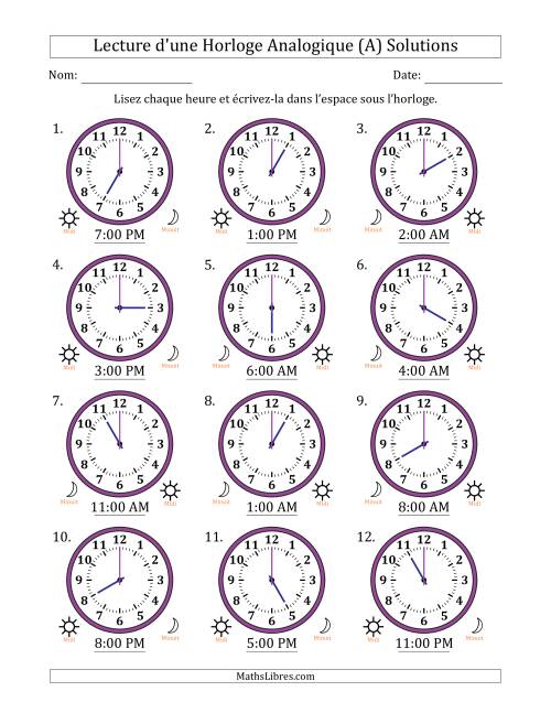 Lecture de l'Heure sur Une Horloge Analogique utilisant le système horaire sur 12 heures avec 1 Heures d'Intervalle (12 Horloges) (Tout) page 2