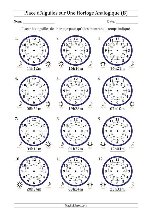 Place d'Aiguiles sur Une Horloge Analogique utilisant le système horaire sur 24 heures avec 1 Minutes d'Intervalle (12 Horloges) (B)
