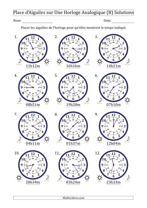 Place d'Aiguiles sur Une Horloge Analogique utilisant le système horaire sur 24 heures avec 1 Minutes d'Intervalle (12 Horloges) (B) page 2