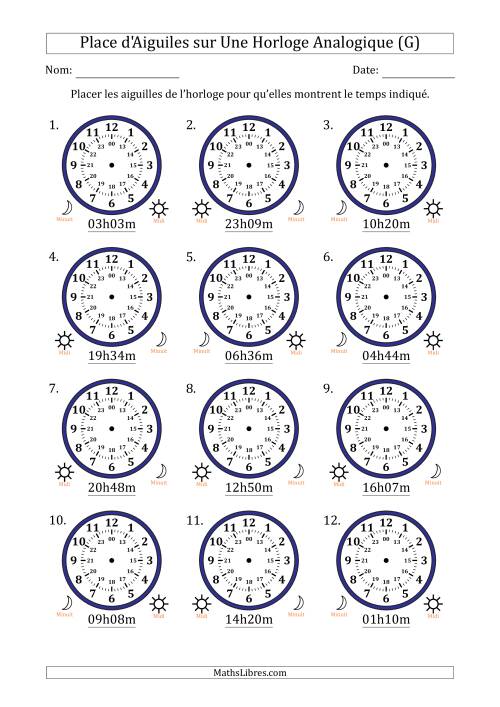 Place d'Aiguiles sur Une Horloge Analogique utilisant le système horaire sur 24 heures avec 1 Minutes d'Intervalle (12 Horloges) (G)