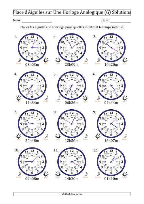 Place d'Aiguiles sur Une Horloge Analogique utilisant le système horaire sur 24 heures avec 1 Minutes d'Intervalle (12 Horloges) (G) page 2