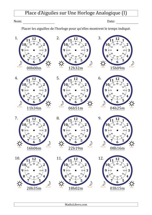 Place d'Aiguiles sur Une Horloge Analogique utilisant le système horaire sur 24 heures avec 1 Minutes d'Intervalle (12 Horloges) (I)