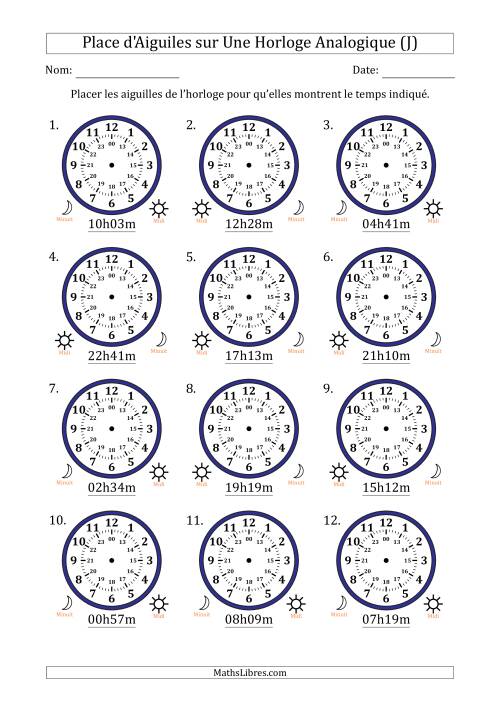 Place d'Aiguiles sur Une Horloge Analogique utilisant le système horaire sur 24 heures avec 1 Minutes d'Intervalle (12 Horloges) (J)