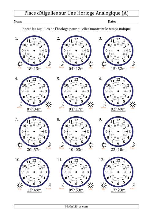Place d'Aiguiles sur Une Horloge Analogique utilisant le système horaire sur 24 heures avec 1 Minutes d'Intervalle (12 Horloges) (Tout)
