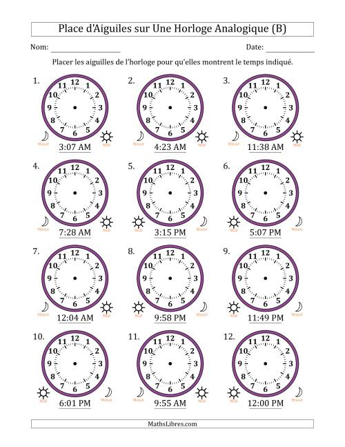 Place d'Aiguiles sur Une Horloge Analogique utilisant le système horaire sur 12 heures avec 1 Minutes d'Intervalle (12 Horloges) (B)