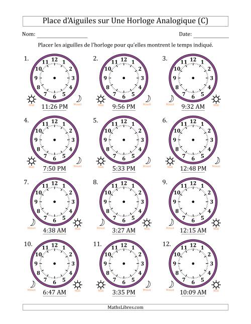 Place d'Aiguiles sur Une Horloge Analogique utilisant le système horaire sur 12 heures avec 1 Minutes d'Intervalle (12 Horloges) (C)