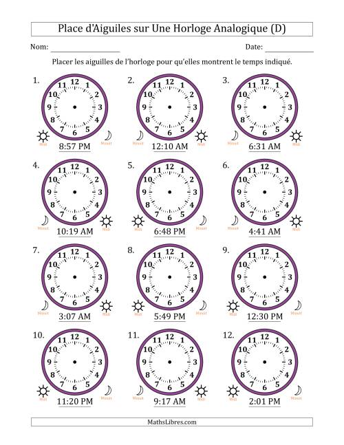 Place d'Aiguiles sur Une Horloge Analogique utilisant le système horaire sur 12 heures avec 1 Minutes d'Intervalle (12 Horloges) (D)