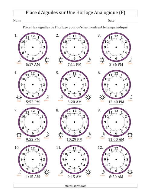 Place d'Aiguiles sur Une Horloge Analogique utilisant le système horaire sur 12 heures avec 1 Minutes d'Intervalle (12 Horloges) (F)