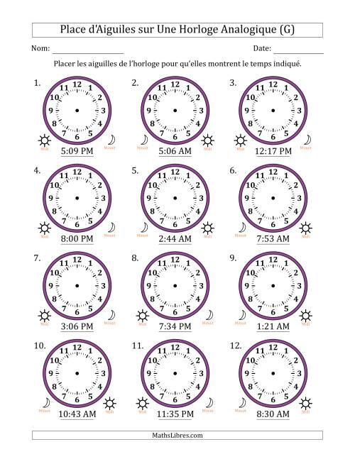 Place d'Aiguiles sur Une Horloge Analogique utilisant le système horaire sur 12 heures avec 1 Minutes d'Intervalle (12 Horloges) (G)