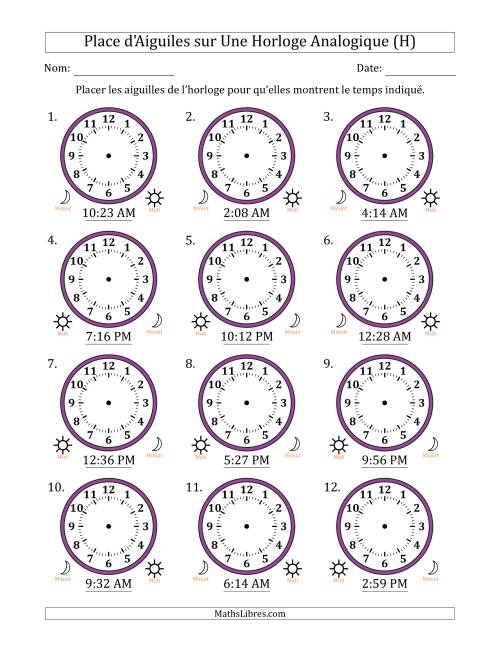 Place d'Aiguiles sur Une Horloge Analogique utilisant le système horaire sur 12 heures avec 1 Minutes d'Intervalle (12 Horloges) (H)