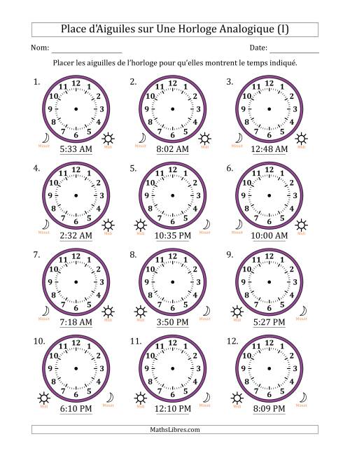 Place d'Aiguiles sur Une Horloge Analogique utilisant le système horaire sur 12 heures avec 1 Minutes d'Intervalle (12 Horloges) (I)