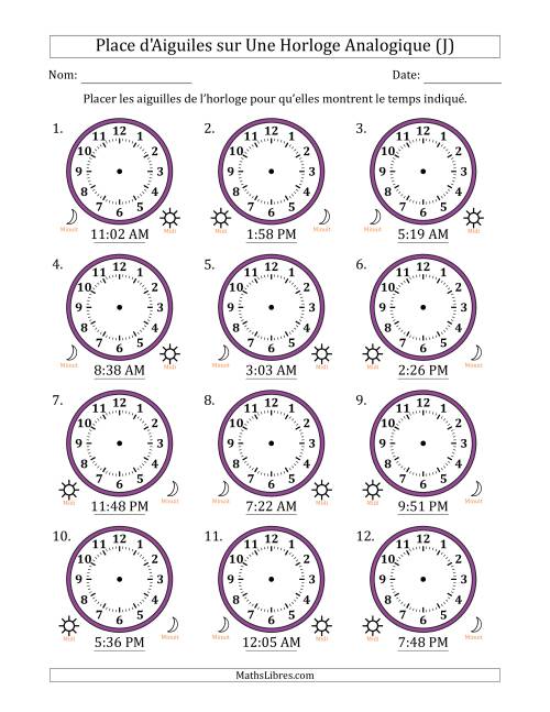 Place d'Aiguiles sur Une Horloge Analogique utilisant le système horaire sur 12 heures avec 1 Minutes d'Intervalle (12 Horloges) (J)