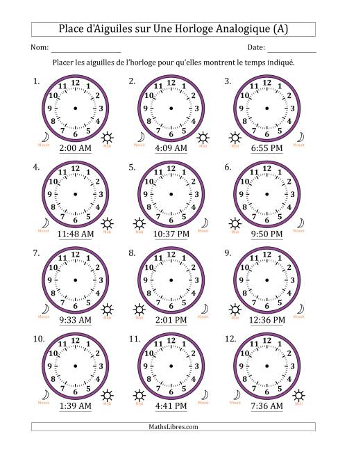 Place d'Aiguiles sur Une Horloge Analogique utilisant le système horaire sur 12 heures avec 1 Minutes d'Intervalle (12 Horloges) (Tout)