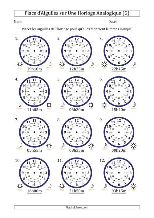 Place d'Aiguiles sur Une Horloge Analogique utilisant le système horaire sur 24 heures avec 5 Minutes d'Intervalle (12 Horloges) (G)