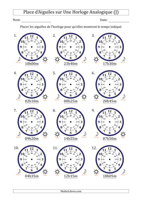 Place d'Aiguiles sur Une Horloge Analogique utilisant le système horaire sur 24 heures avec 5 Minutes d'Intervalle (12 Horloges) (J)