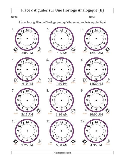Place d'Aiguiles sur Une Horloge Analogique utilisant le système horaire sur 12 heures avec 5 Minutes d'Intervalle (12 Horloges) (B)