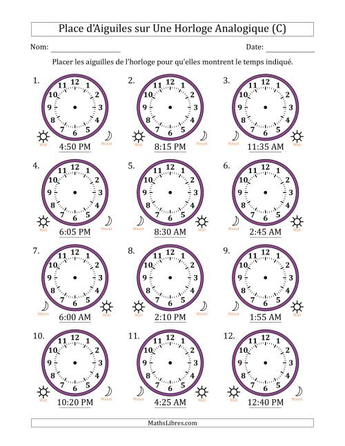 Place d'Aiguiles sur Une Horloge Analogique utilisant le système horaire sur 12 heures avec 5 Minutes d'Intervalle (12 Horloges) (C)