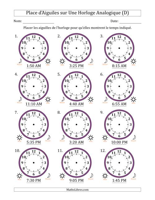 Place d'Aiguiles sur Une Horloge Analogique utilisant le système horaire sur 12 heures avec 5 Minutes d'Intervalle (12 Horloges) (D)