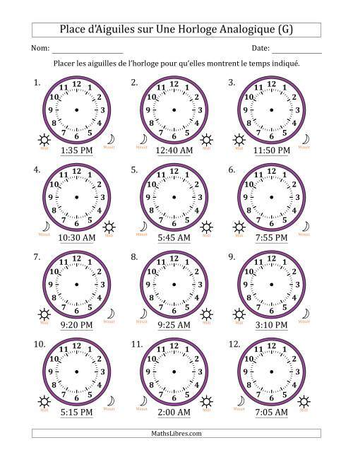 Place d'Aiguiles sur Une Horloge Analogique utilisant le système horaire sur 12 heures avec 5 Minutes d'Intervalle (12 Horloges) (G)