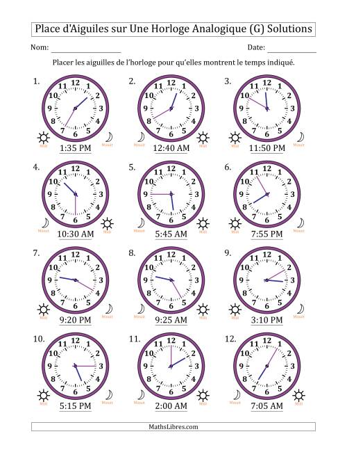 Place d'Aiguiles sur Une Horloge Analogique utilisant le système horaire sur 12 heures avec 5 Minutes d'Intervalle (12 Horloges) (G) page 2