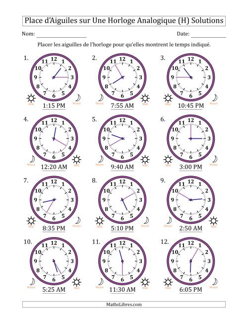 Place d'Aiguiles sur Une Horloge Analogique utilisant le système horaire sur 12 heures avec 5 Minutes d'Intervalle (12 Horloges) (H) page 2
