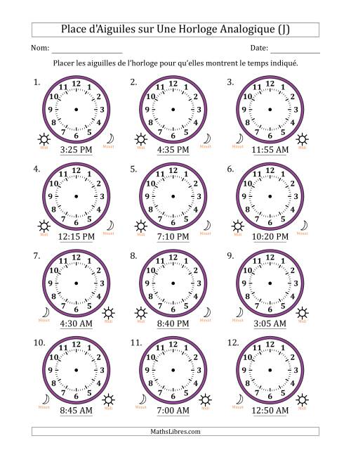 Place d'Aiguiles sur Une Horloge Analogique utilisant le système horaire sur 12 heures avec 5 Minutes d'Intervalle (12 Horloges) (J)