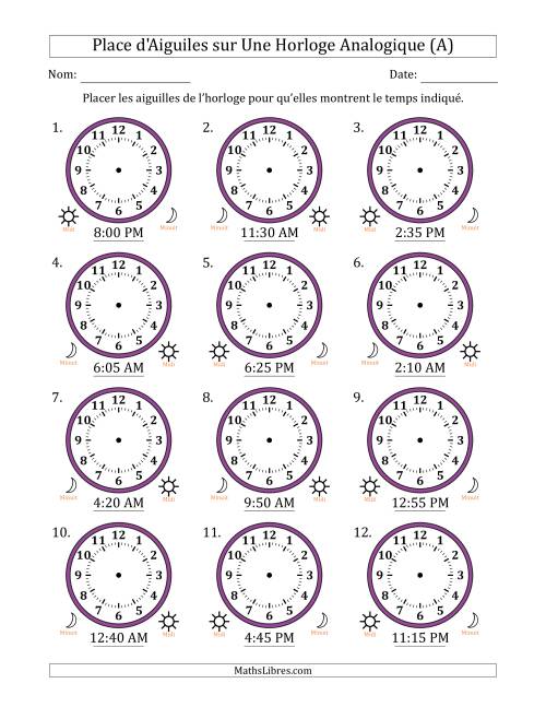 Place d'Aiguiles sur Une Horloge Analogique utilisant le système horaire sur 12 heures avec 5 Minutes d'Intervalle (12 Horloges) (Tout)