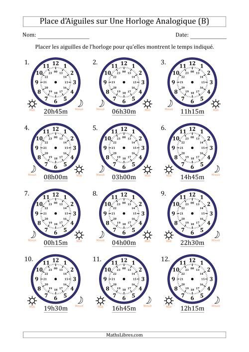 Place d'Aiguiles sur Une Horloge Analogique utilisant le système horaire sur 24 heures avec 15 Minutes d'Intervalle (12 Horloges) (B)