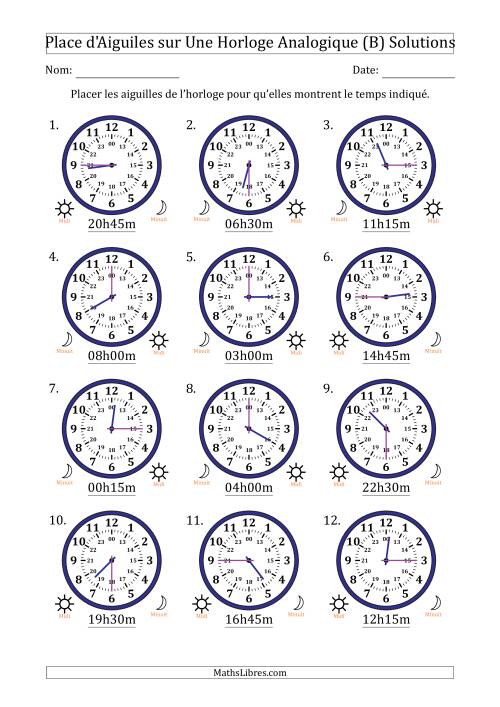 Place d'Aiguiles sur Une Horloge Analogique utilisant le système horaire sur 24 heures avec 15 Minutes d'Intervalle (12 Horloges) (B) page 2