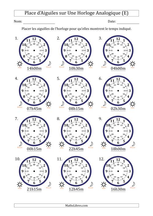 Place d'Aiguiles sur Une Horloge Analogique utilisant le système horaire sur 24 heures avec 15 Minutes d'Intervalle (12 Horloges) (E)