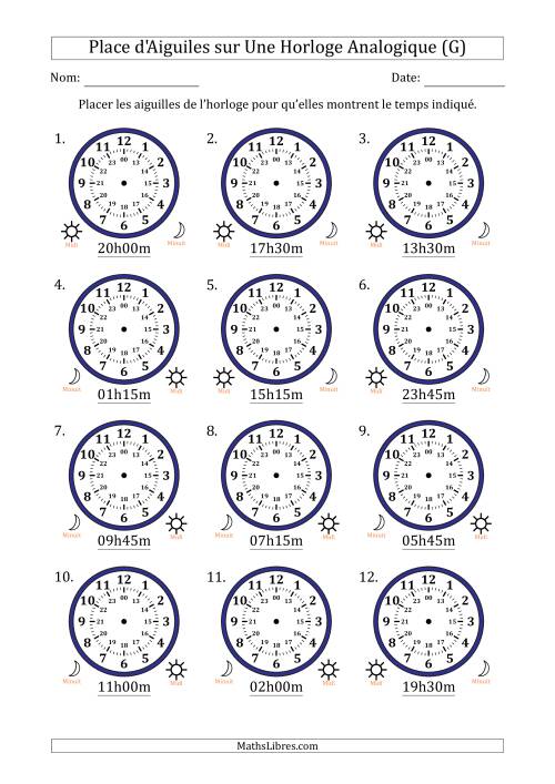 Place d'Aiguiles sur Une Horloge Analogique utilisant le système horaire sur 24 heures avec 15 Minutes d'Intervalle (12 Horloges) (G)