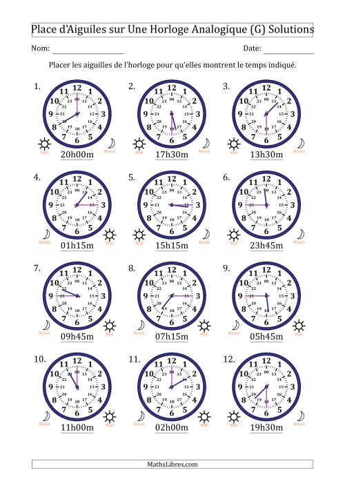 Place d'Aiguiles sur Une Horloge Analogique utilisant le système horaire sur 24 heures avec 15 Minutes d'Intervalle (12 Horloges) (G) page 2