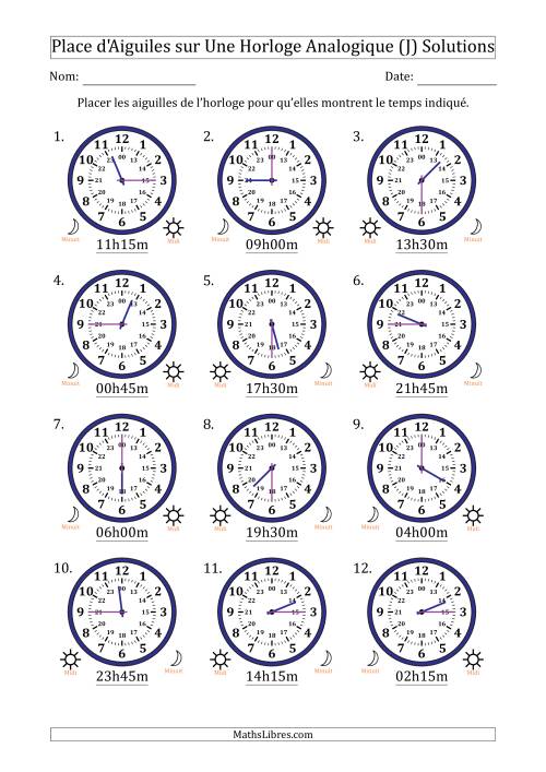 Place d'Aiguiles sur Une Horloge Analogique utilisant le système horaire sur 24 heures avec 15 Minutes d'Intervalle (12 Horloges) (J) page 2