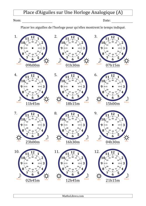 Place d'Aiguiles sur Une Horloge Analogique utilisant le système horaire sur 24 heures avec 15 Minutes d'Intervalle (12 Horloges) (Tout)