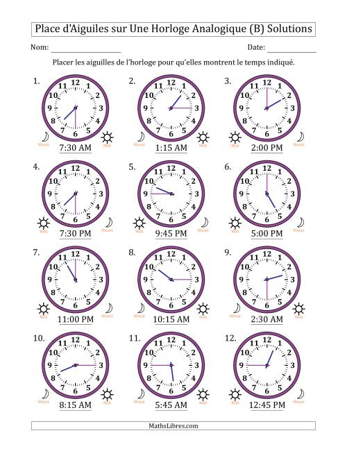 Place d'Aiguiles sur Une Horloge Analogique utilisant le système horaire sur 12 heures avec 15 Minutes d'Intervalle (12 Horloges) (B) page 2
