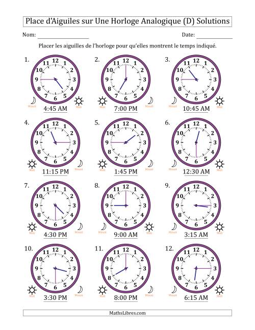 Place d'Aiguiles sur Une Horloge Analogique utilisant le système horaire sur 12 heures avec 15 Minutes d'Intervalle (12 Horloges) (D) page 2