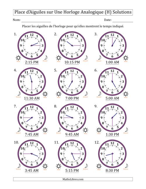 Place d'Aiguiles sur Une Horloge Analogique utilisant le système horaire sur 12 heures avec 15 Minutes d'Intervalle (12 Horloges) (H) page 2