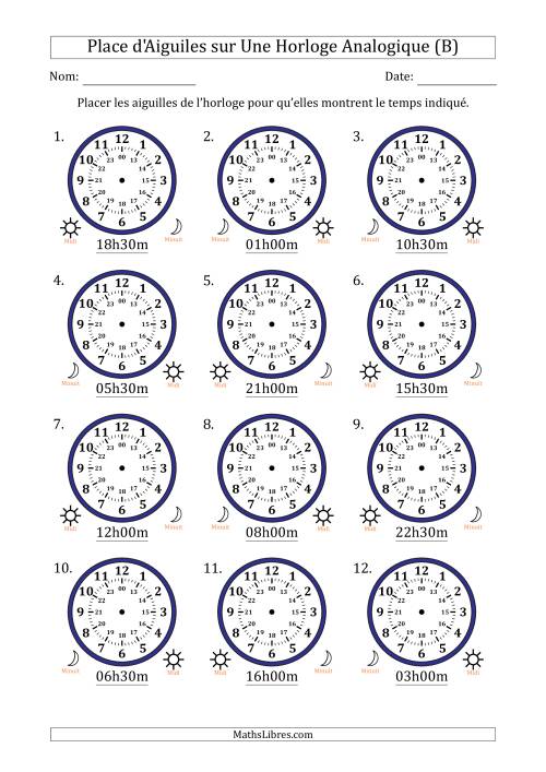 Place d'Aiguiles sur Une Horloge Analogique utilisant le système horaire sur 24 heures avec 30 Minutes d'Intervalle (12 Horloges) (B)