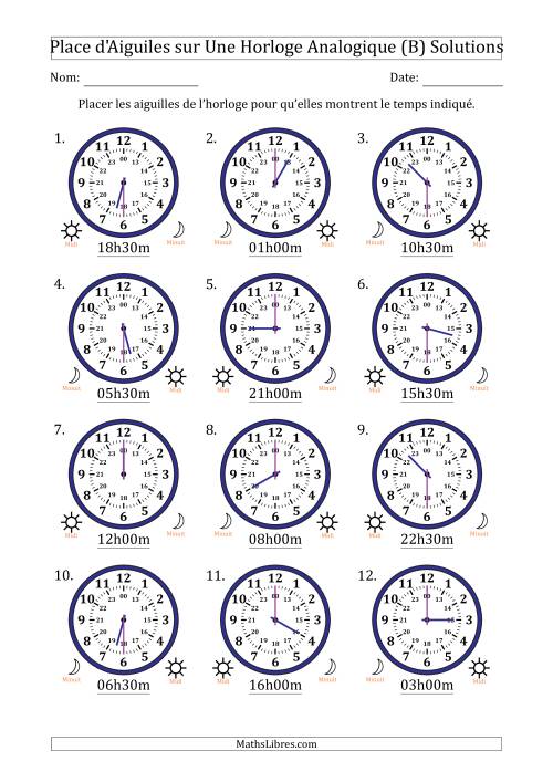Place d'Aiguiles sur Une Horloge Analogique utilisant le système horaire sur 24 heures avec 30 Minutes d'Intervalle (12 Horloges) (B) page 2
