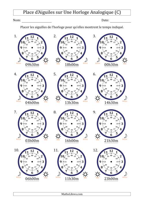 Place d'Aiguiles sur Une Horloge Analogique utilisant le système horaire sur 24 heures avec 30 Minutes d'Intervalle (12 Horloges) (C)