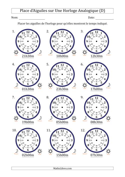 Place d'Aiguiles sur Une Horloge Analogique utilisant le système horaire sur 24 heures avec 30 Minutes d'Intervalle (12 Horloges) (D)
