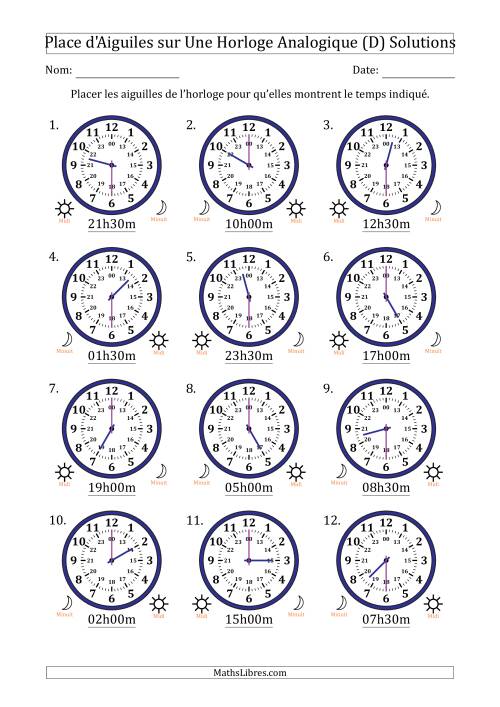 Place d'Aiguiles sur Une Horloge Analogique utilisant le système horaire sur 24 heures avec 30 Minutes d'Intervalle (12 Horloges) (D) page 2