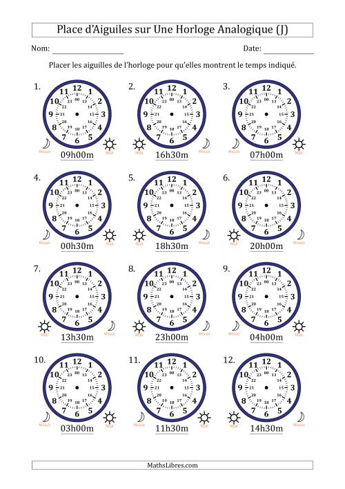 Place d'Aiguiles sur Une Horloge Analogique utilisant le système horaire sur 24 heures avec 30 Minutes d'Intervalle (12 Horloges) (J)