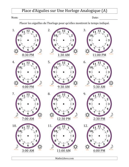 Place d'Aiguiles sur Une Horloge Analogique utilisant le système horaire sur 12 heures avec 30 Minutes d'Intervalle (12 Horloges) (A)